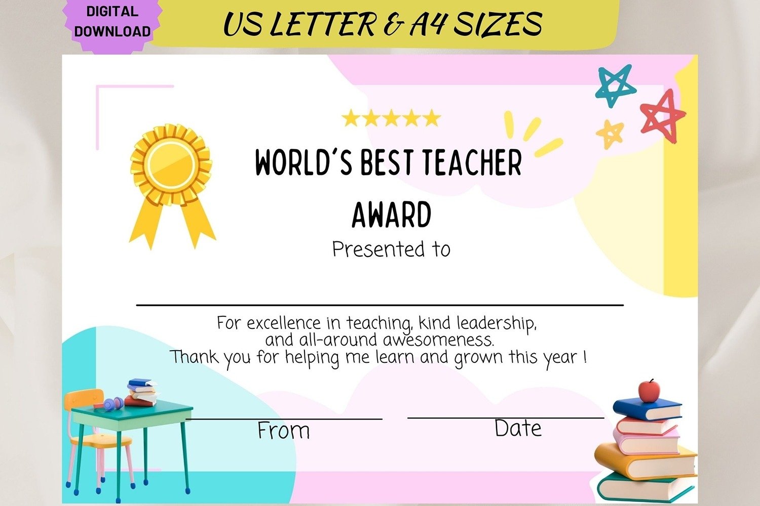 Printable teacher appreciation award custom