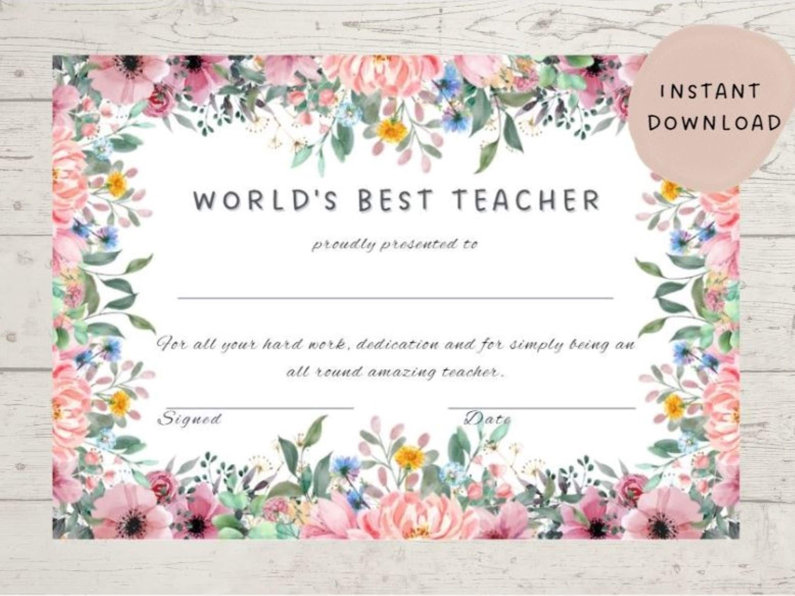 Floral best teacher certificate template editable teacher appreciation teacher gift personalised teacher award printable best teacher