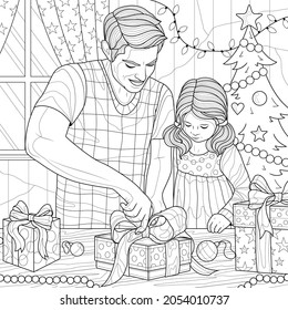 Dad daughter wrapping presents christmascoloring book stock vector royalty free