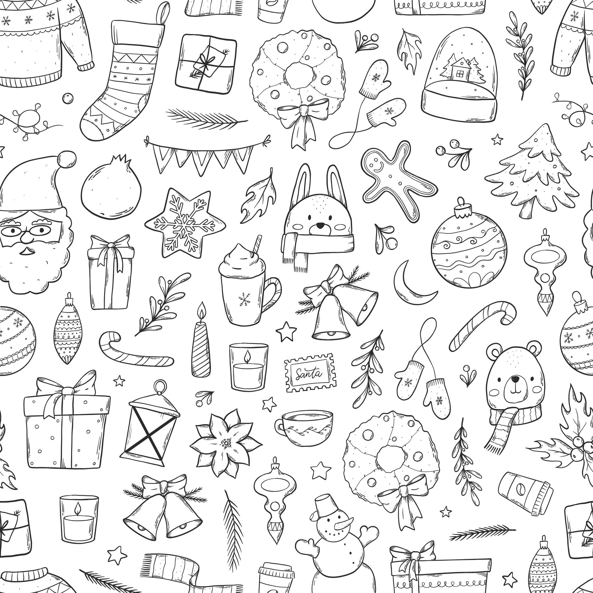 Premium vector christmas monochrome seamless pattern with doodles for coloring pages wrapping paper scrapbooking