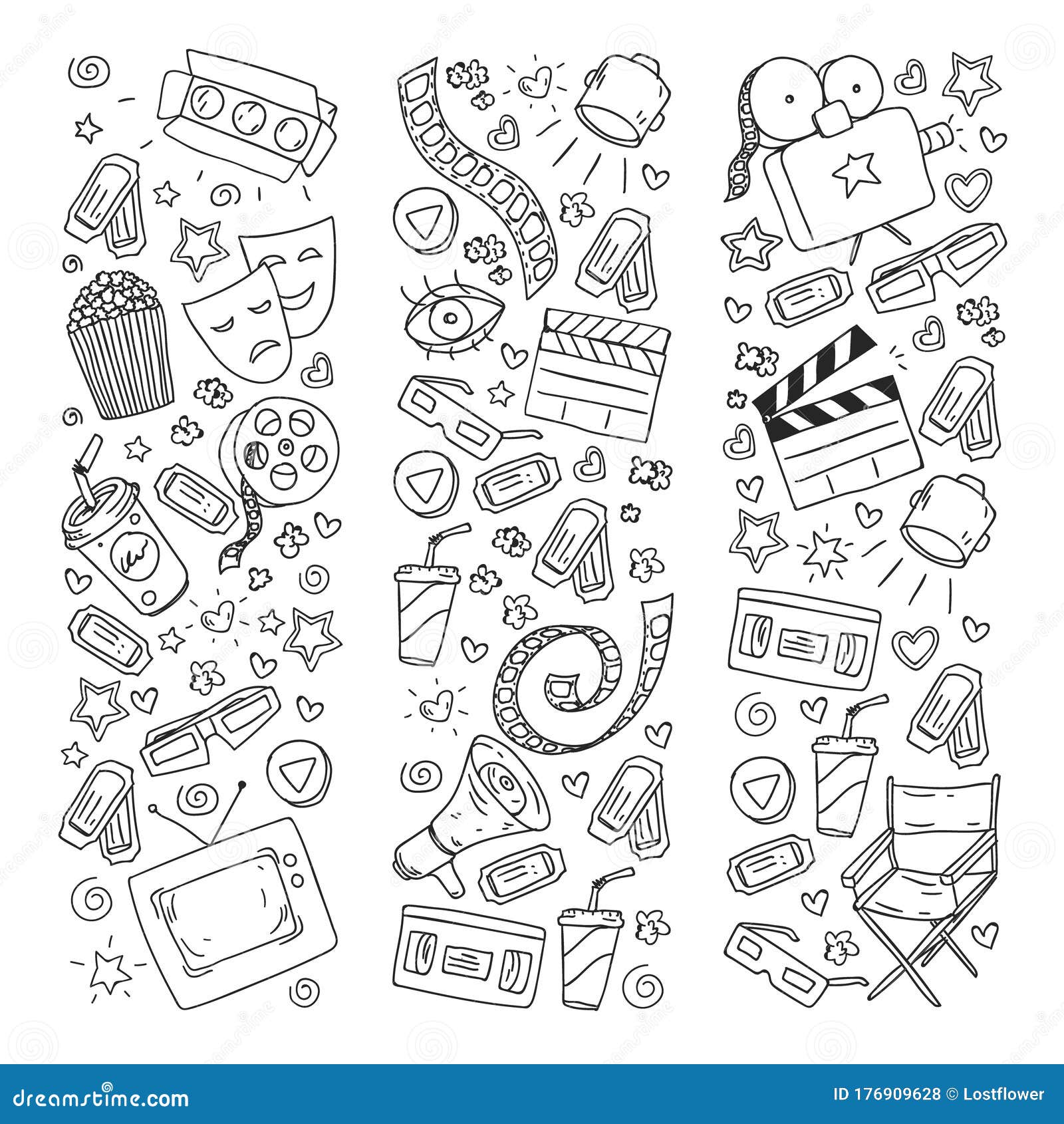 Coloring page online internet cinema pattern with vector icons for wrapping paper posters banners leaflets d movie stock vector