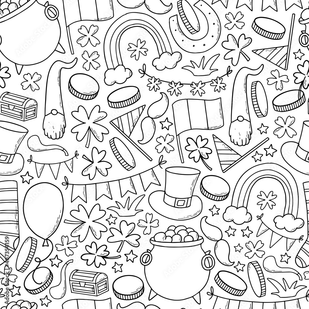 St patricks day seamless pattern with hand drawn doodles good for product package wallpaper wrapping paper coloring pages backgrounds etc eps vector