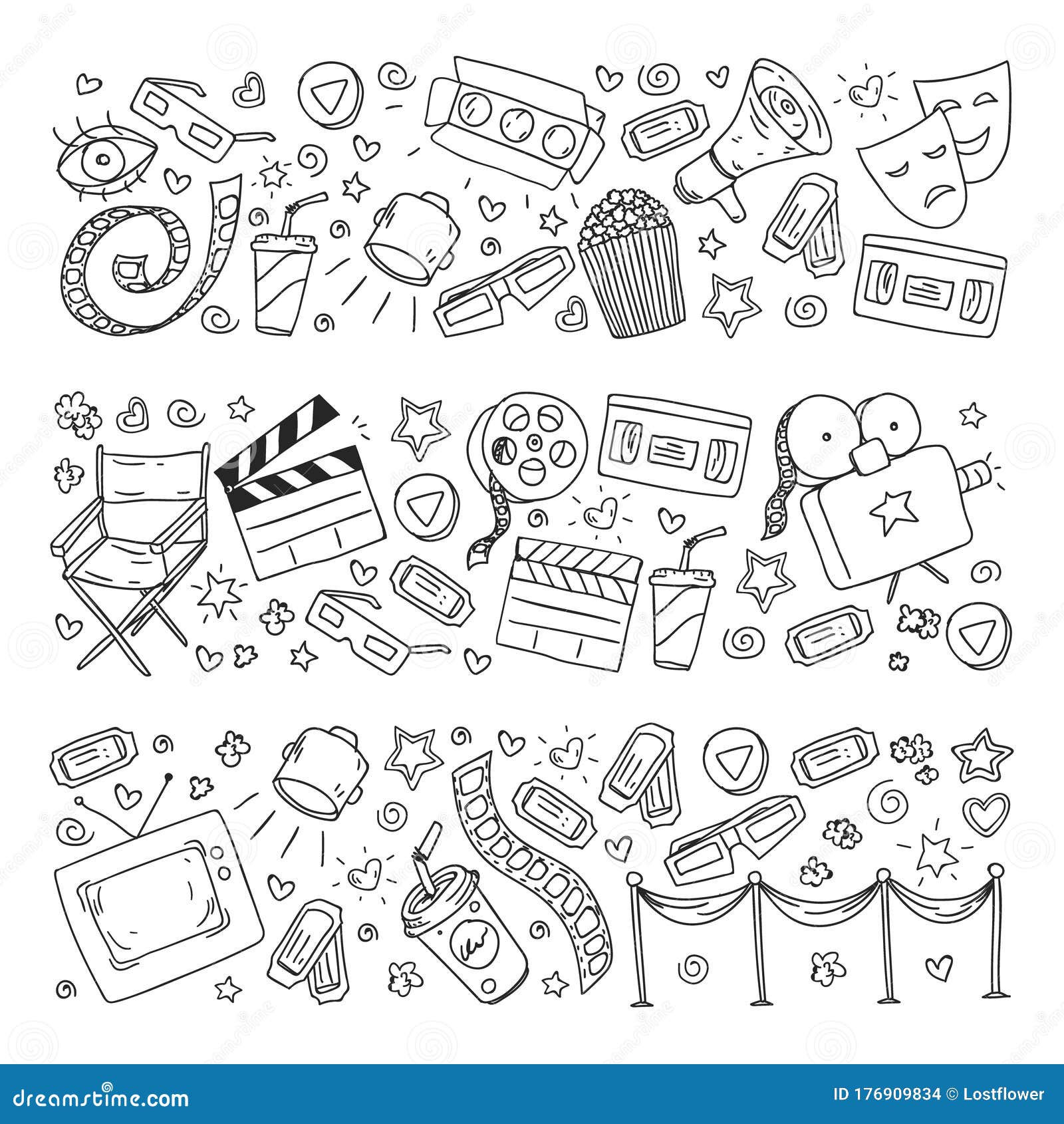 Coloring page online internet cinema pattern with vector icons for wrapping paper posters banners leaflets d movie stock vector