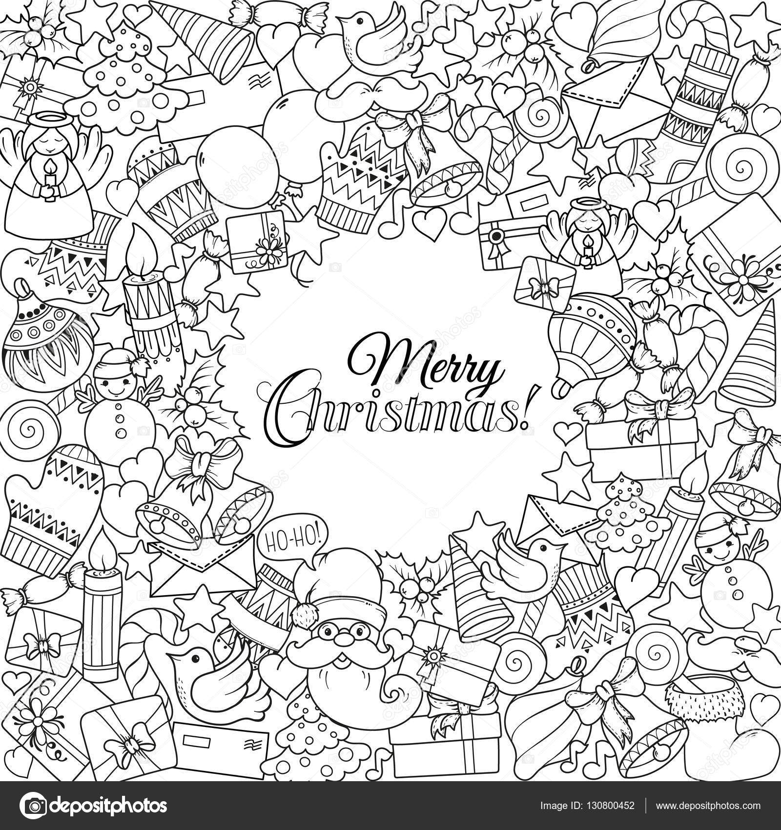Merry christmas set of xmas monochrome pattern and text templates ideal for holiday greeting cards print coloring book page or wrapping paper stock vector by juliasnegireva