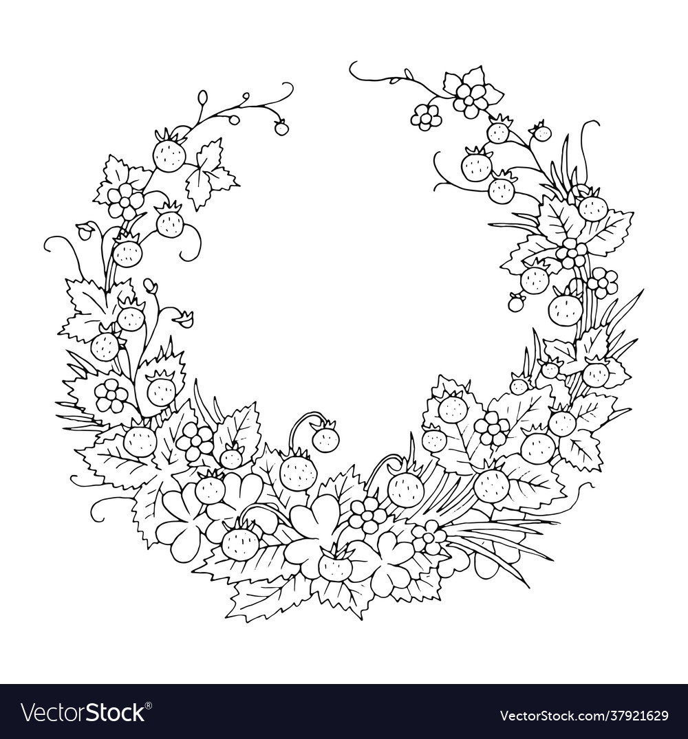 Summer wild strawberry wreath coloring page vector image