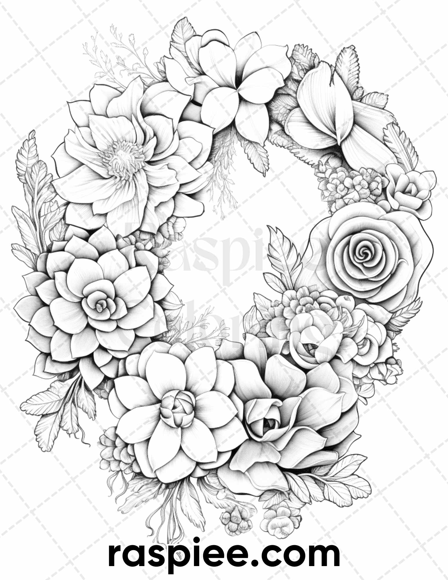 Spring floral wreaths grayscale adult coloring pages printable pdf â coloring