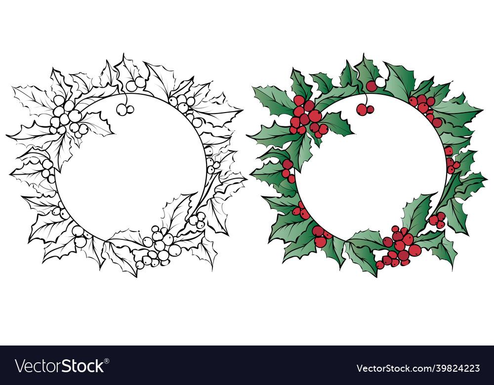 Christmas coloring page wreath with holly vector image