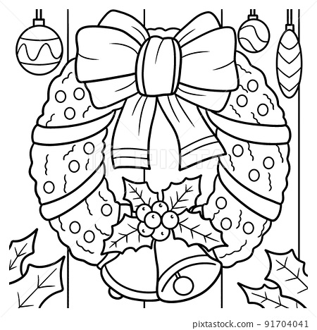 Christmas wreath with bells coloring page for kids