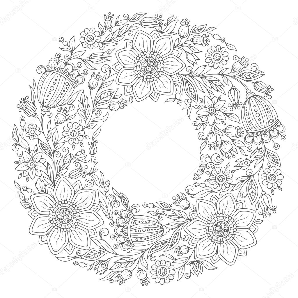 Flowers wreath coloring book page for adult stock illustration by karpenyuk