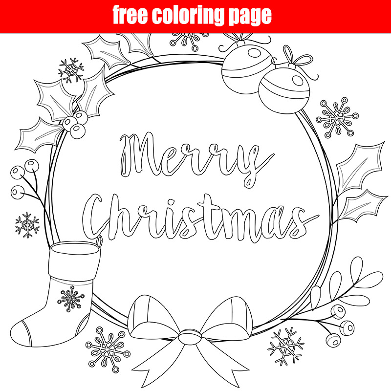 Merry christmas wreath coloring page