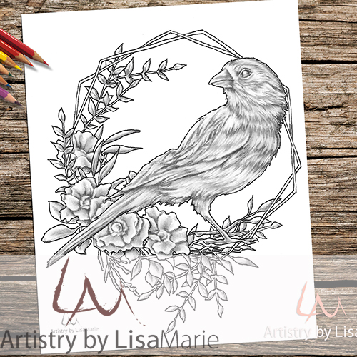Canary bird in wreath printable coloring book page â artistry by lisa marie