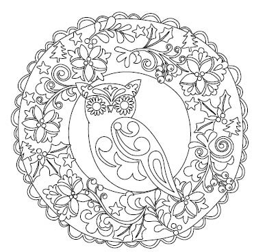 Owl in wreath coloring book rubber stamp