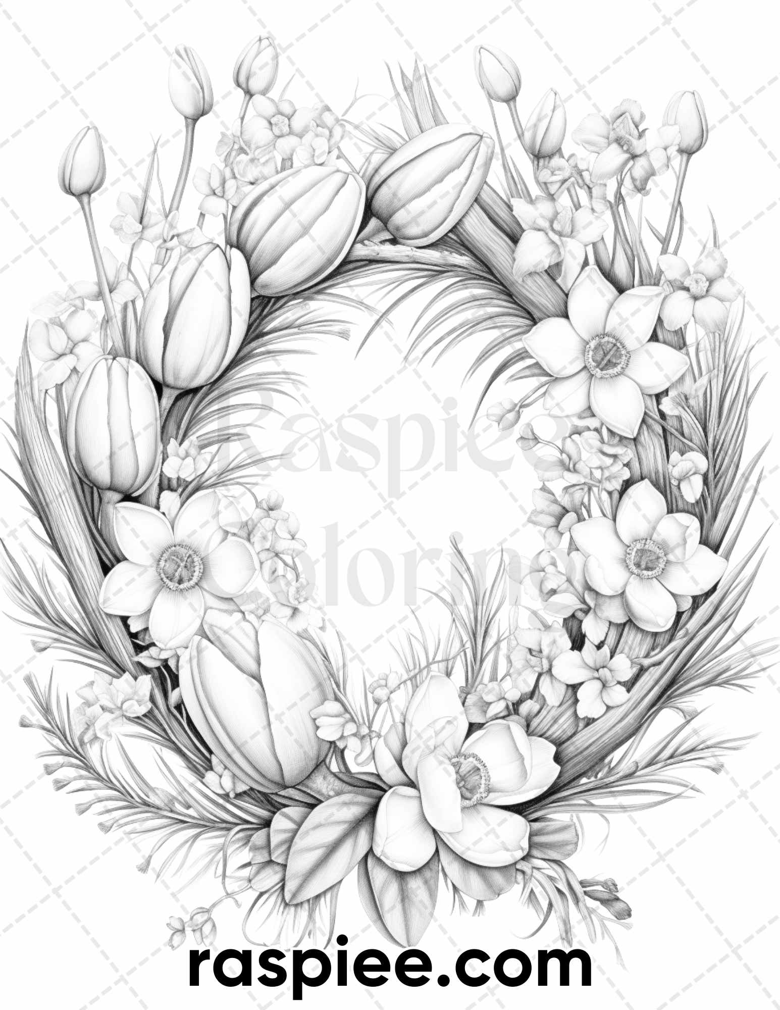 Spring floral wreaths grayscale adult coloring pages printable pdf â coloring
