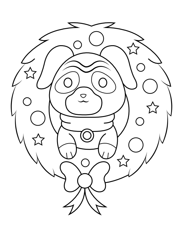 Printable dog and christmas wreath coloring page