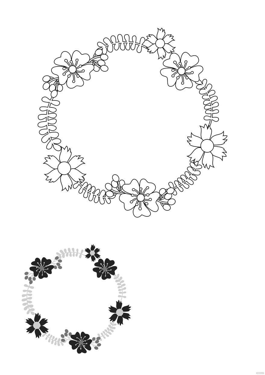 Free black and white floral wreath coloring page
