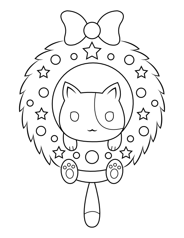 Printable cat and wreath coloring page