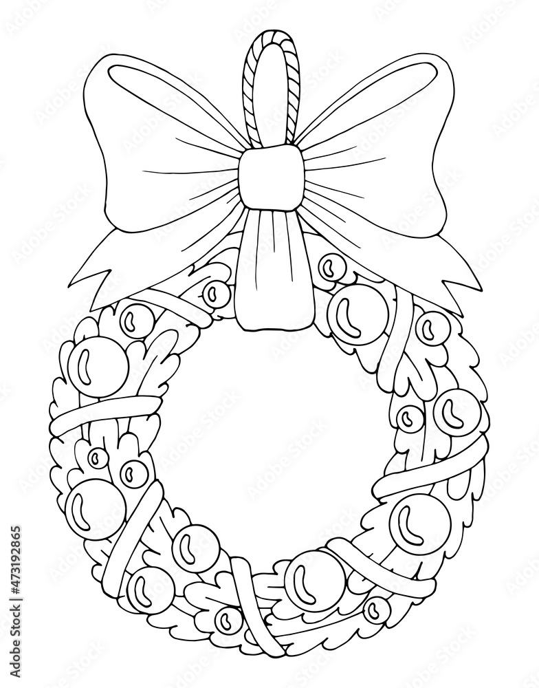 Winter coloring page with christmas fir wreath with big ribbon bow and toy decorations balls hand drawn vector thin line art illustration coloring book for children and adults vector