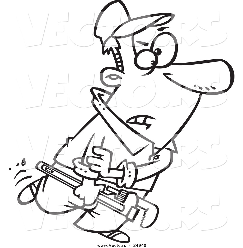 R of a cartoon plumber carrying a wrench and rolling up his sleeves