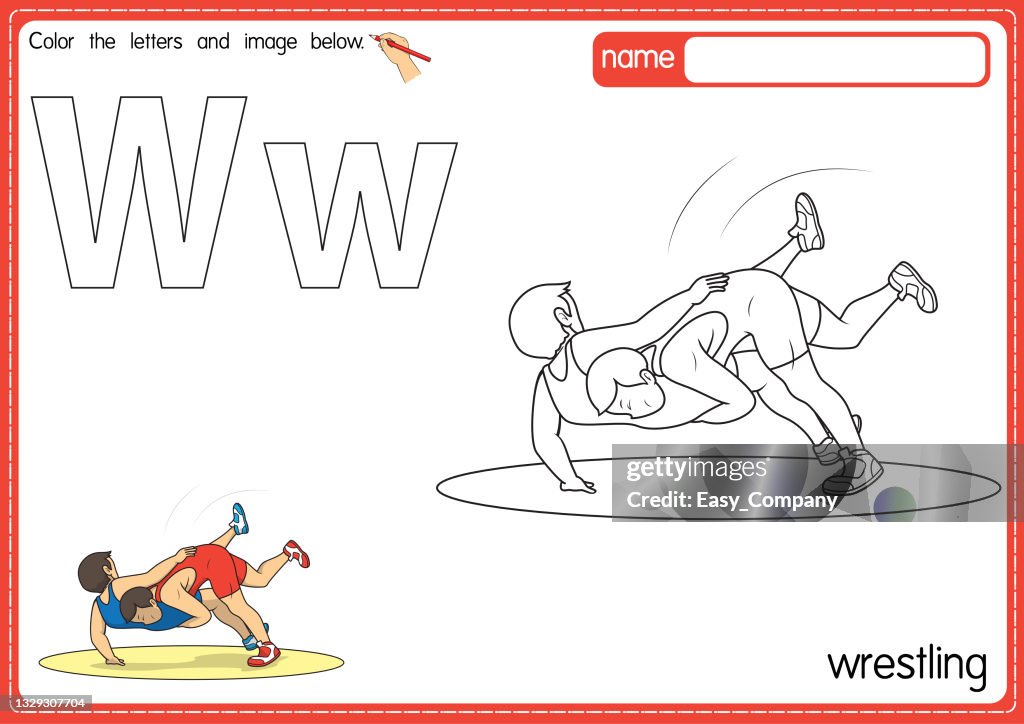 Vector illustration of kids alphabet coloring book page with outlined clip art to color letter w for wrestling high