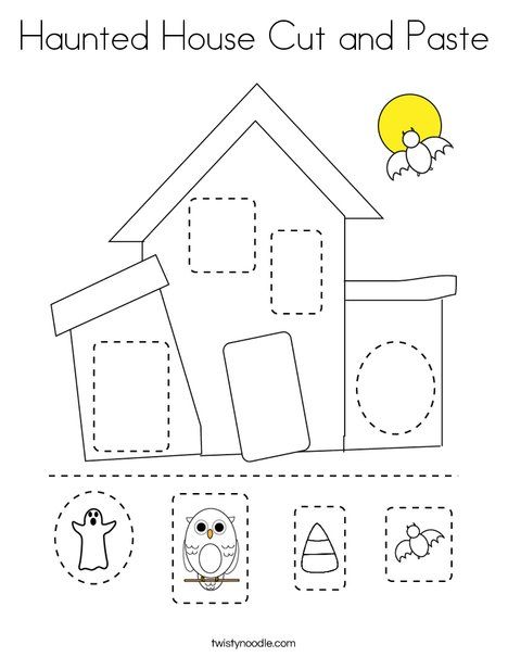 Haunted house cut and paste coloring page
