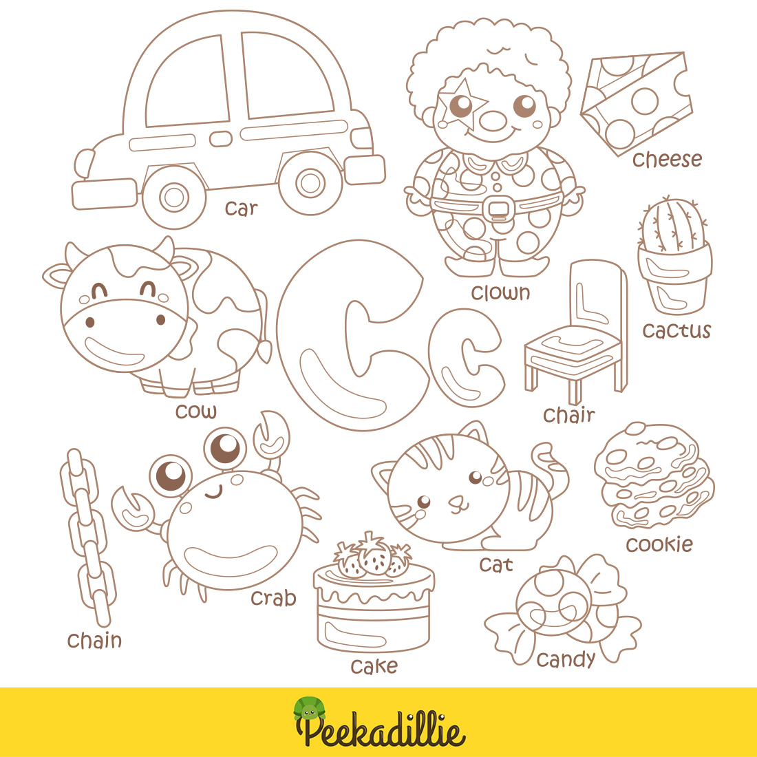 Alphabet c for vocabulary school letter reading writing font study learning student toodler kids car crab cake clown cookie cow cactus cheese candy chain chair cat cartoon digital stamp outline