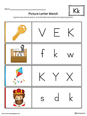 Picture letter match letter k worksheet color