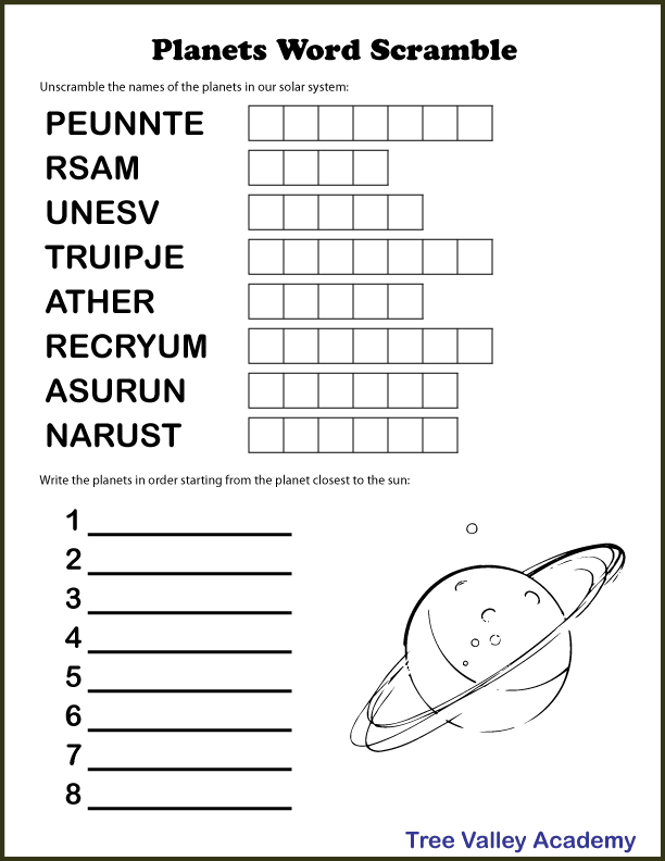 Space themed and planets word scramble puzzles