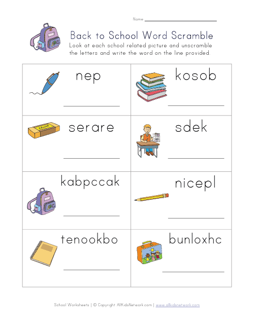 Back to school word scramble worksheet back to school worksheets word puzzles for kids jumbled words
