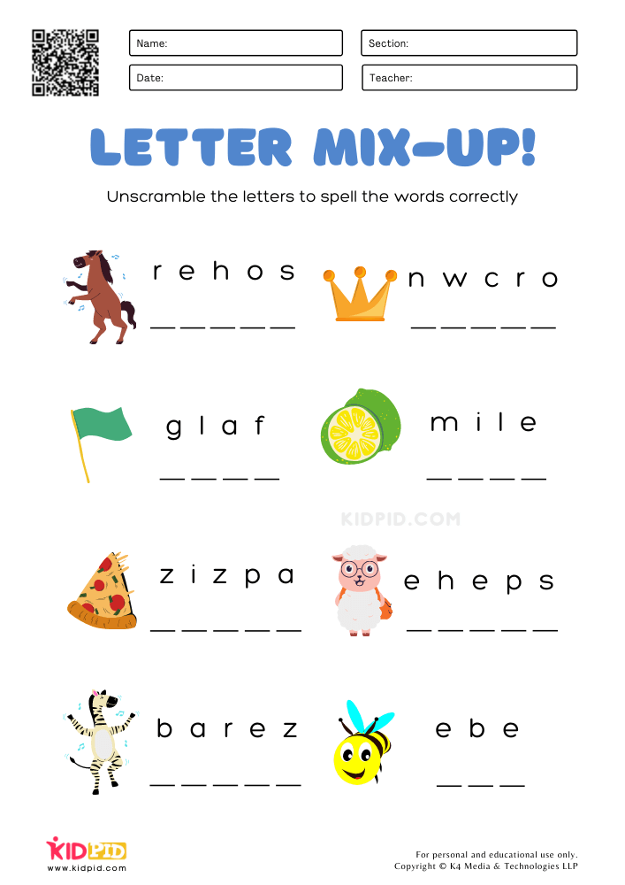 Unscramble the letters worksheets for kids