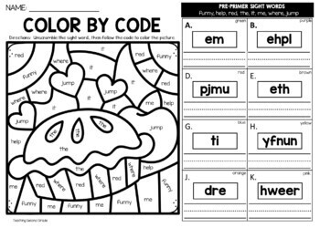 Thanksgiving color by sight word unscramble the word worksheets preprimer