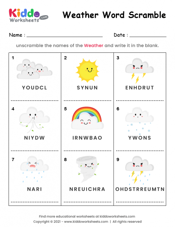 Free printable word scramble weather worksheet