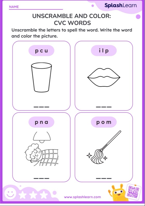 Unscramble and color cvc words worksheet