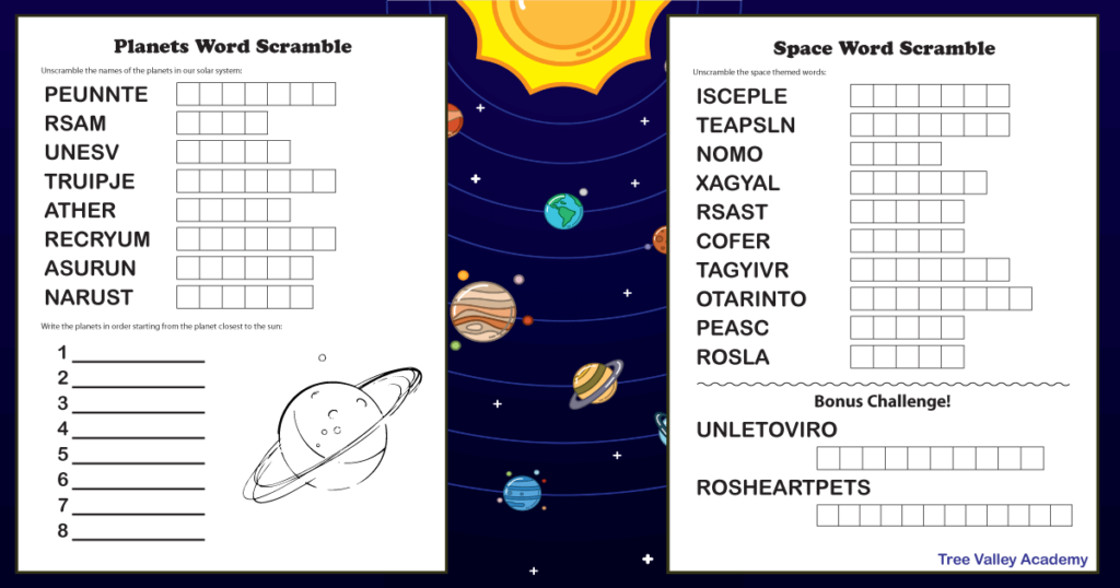 Space themed and planets word scramble puzzles