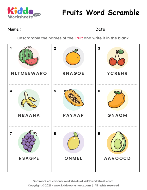 Free printable word scramble fruits worksheet