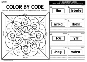 Color by sight word spring rd grade words unscramble word worksheets