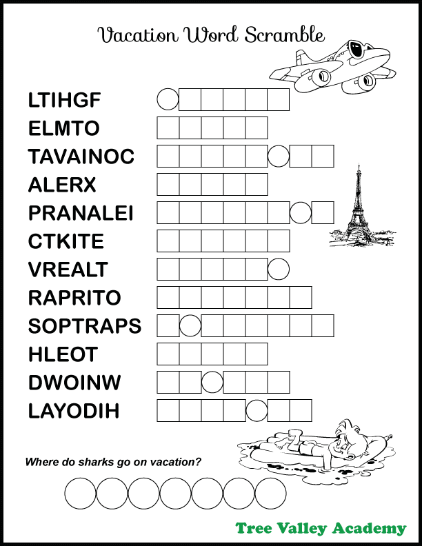 Vacation travel themed word scramble for kids