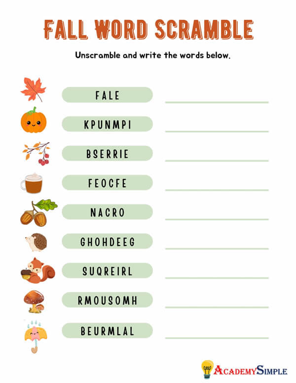 Vocabulary worksheets unscramble the words â fall autumn