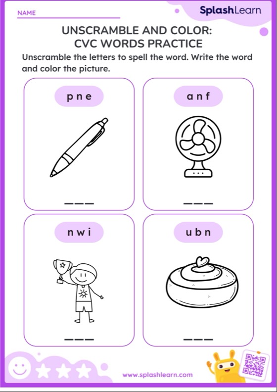 Unscramble and color cvc words practice