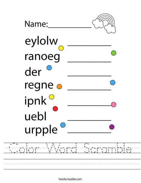 Color word scramble worksheet