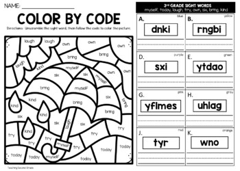 Color by sight word spring rd grade words unscramble word worksheets