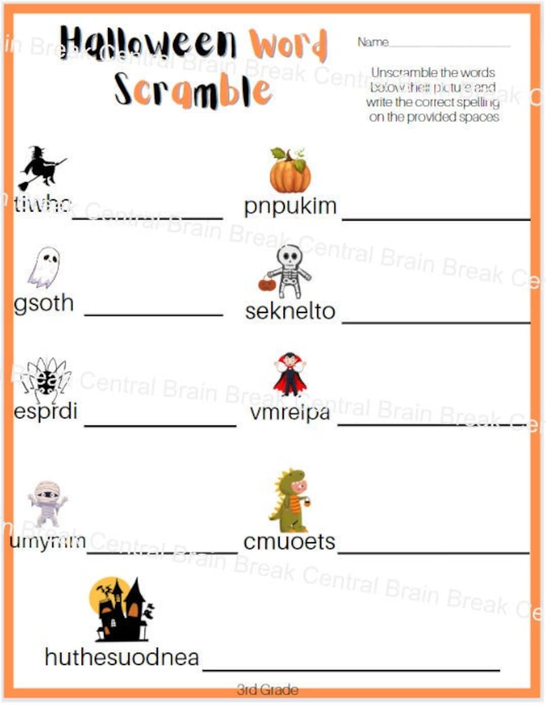 Rd grade halloween word scramble worksheet with answer key printable