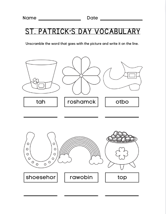 St patricks day games for kids word search crossword color page â jean burke studio
