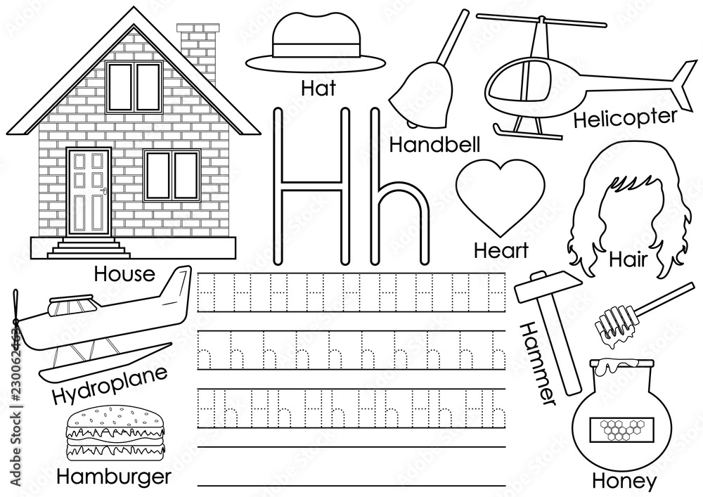 Letter h learning english alphabet with pictures writing practice and coloring book vector illustration vector
