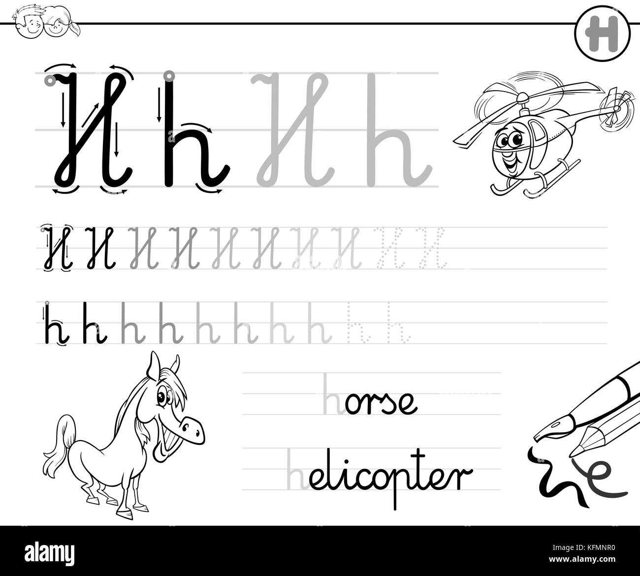 Black and white cartoon illustration of writing skills practice with letter h worksheet for preschool and elementary age children coloring book stock vector image art