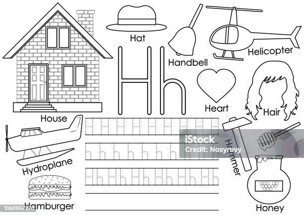 Letter h learning english alphabet with pictures writing practice and coloring book vector illustration stock illustration