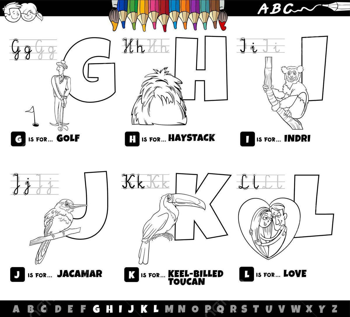 Coloring page set of alphabet letters g to l in educational cartoon style vector book letters write png and vector with transparent background for free download