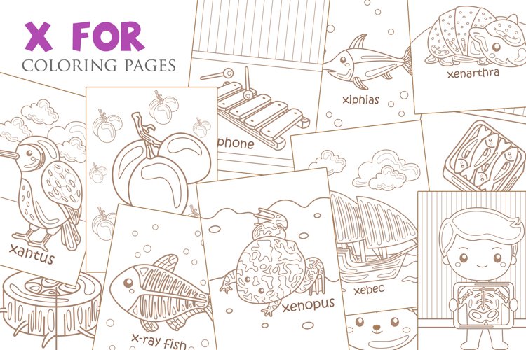 Alphabet x for vocabulary reading lesson kids coloring set