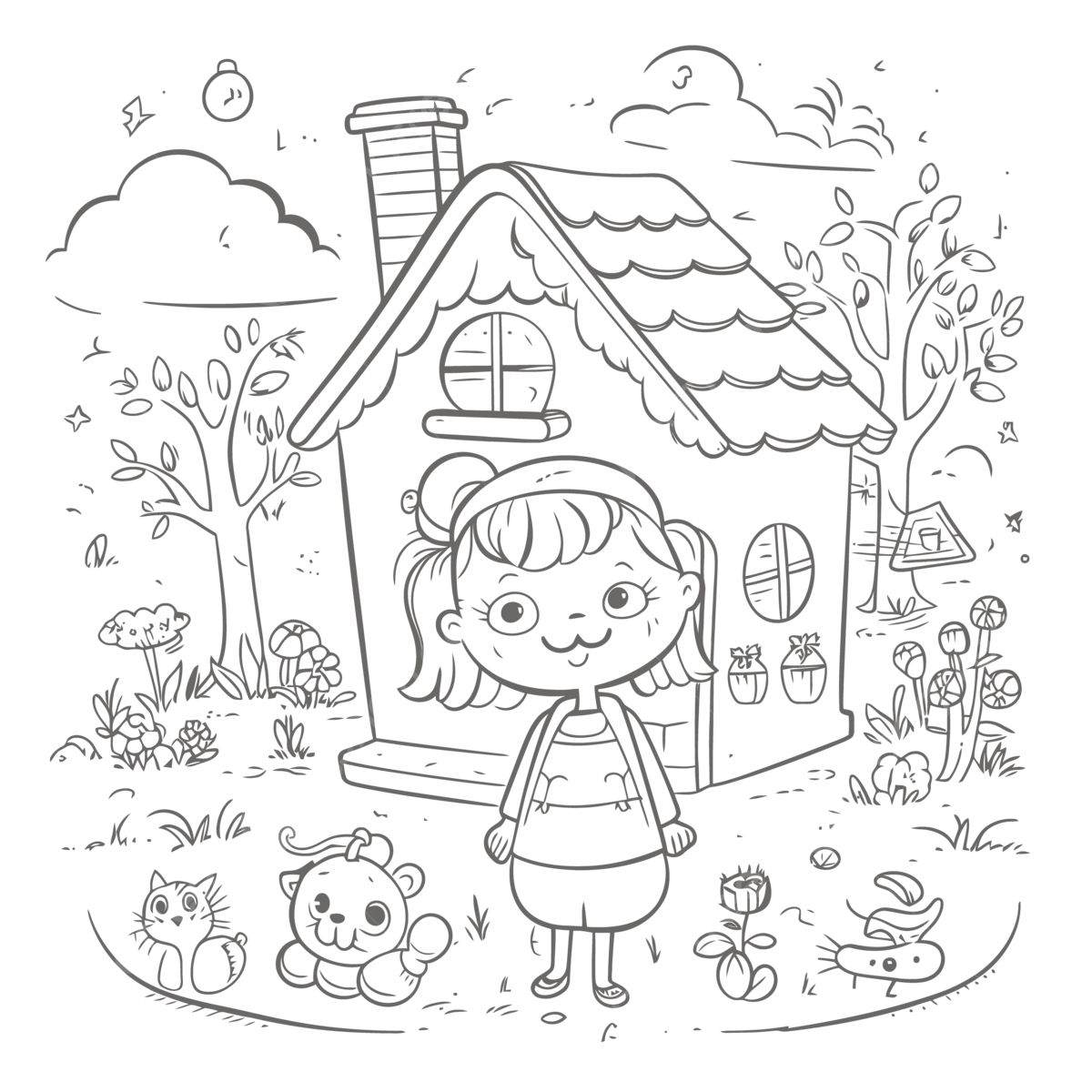 Girl coloring page on the ground with a cute house and animals outline sketch drawing vector animal drawing house drawing wing drawing png and vector with transparent background for free download