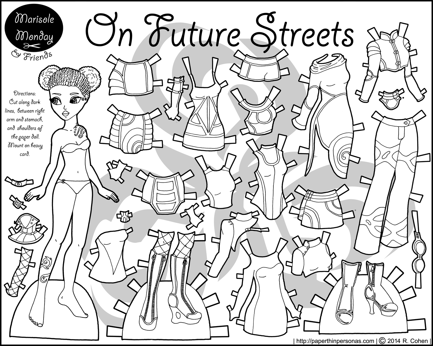 Cyberpunk futuristic printabe paper doll in black and white