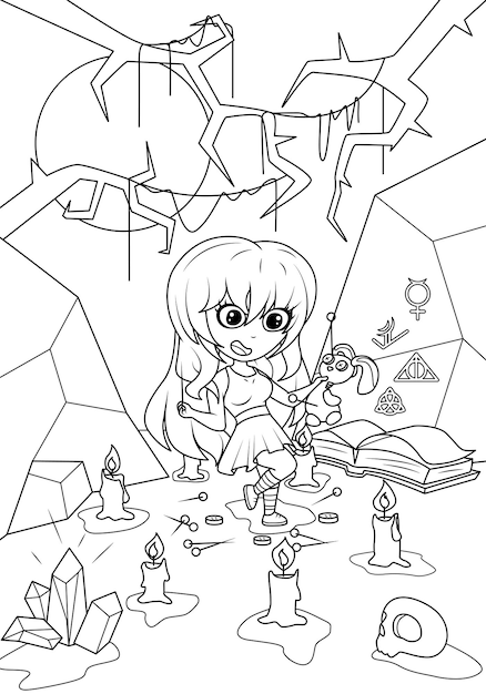 Premium vector a cute girl holds a voodoo doll and a needle in her hands coloring book for children and adults